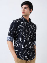 Men Shirt Print Black Slim Fit