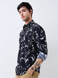 Men Shirt Print Black Slim Fit