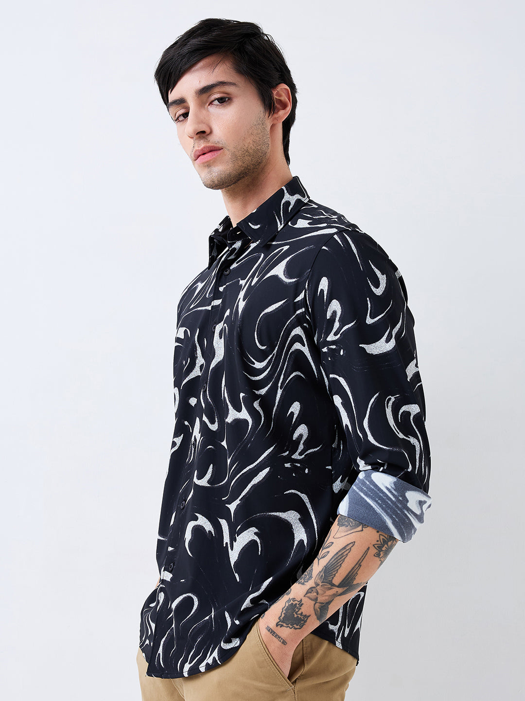 Men Shirt Print Black Slim Fit