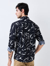 Men Shirt Print Black Slim Fit