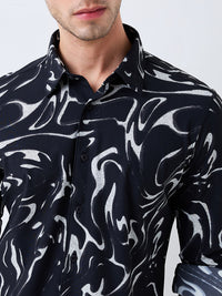 Men Shirt Print Black Slim Fit