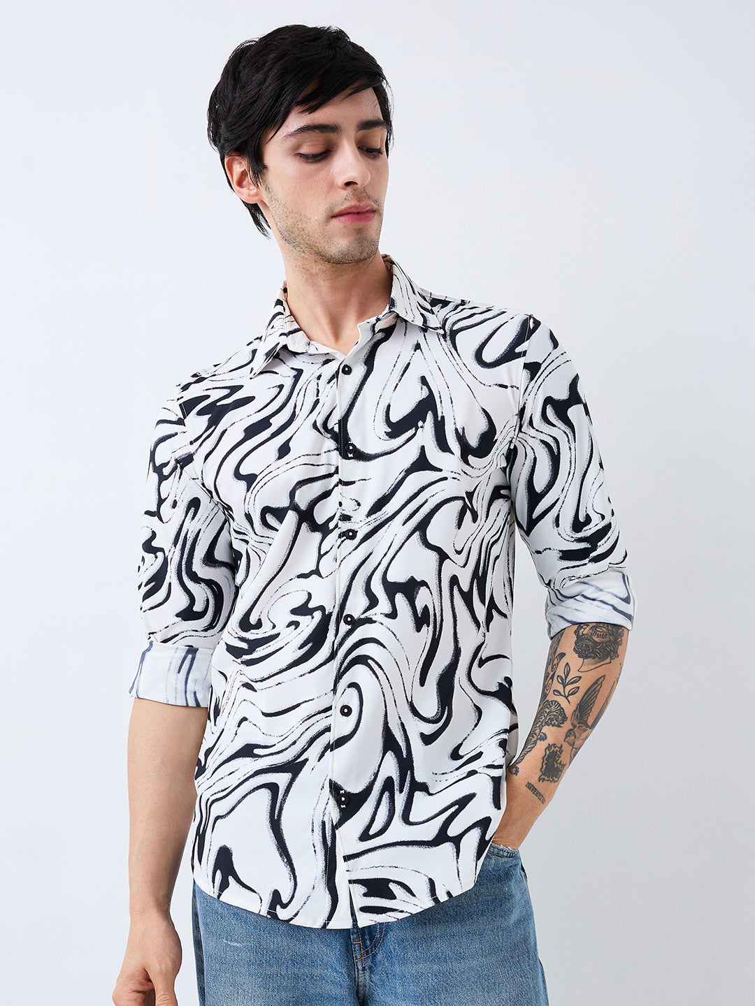 Spykar White Slim Fit Printed Full Sleeve Shirt For Men