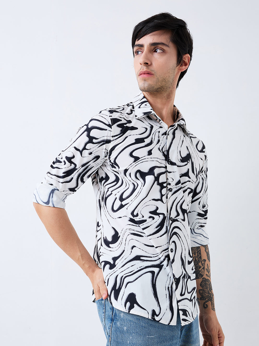 Men Shirt Print White Slim Fit