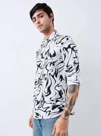 Men Shirt Print White Slim Fit