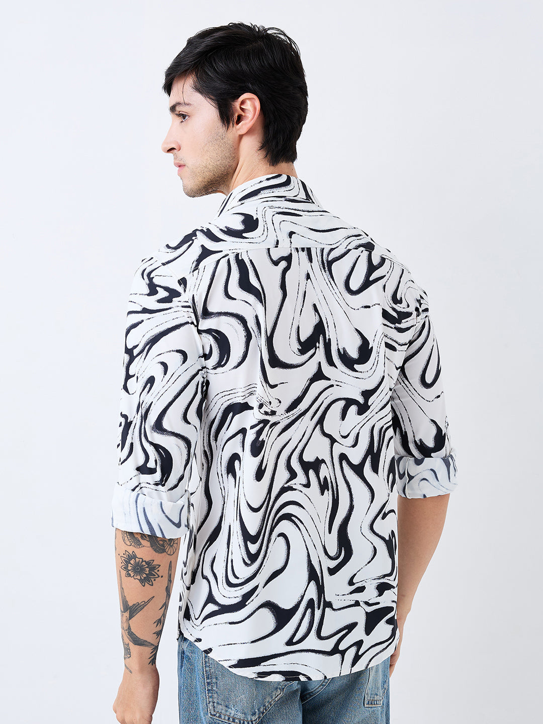 Spykar White Slim Fit Printed Full Sleeve Shirt For Men