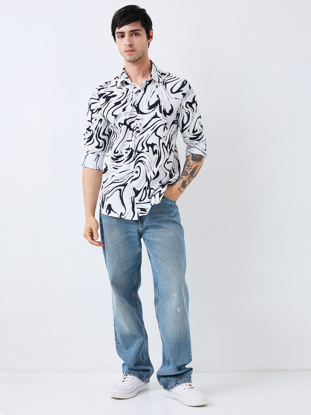 Spykar White Slim Fit Printed Full Sleeve Shirt For Men