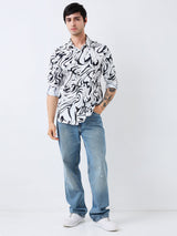 Men Shirt Print White Slim Fit