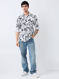 Men Shirt Print White Slim Fit