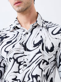 Men Shirt Print White Slim Fit
