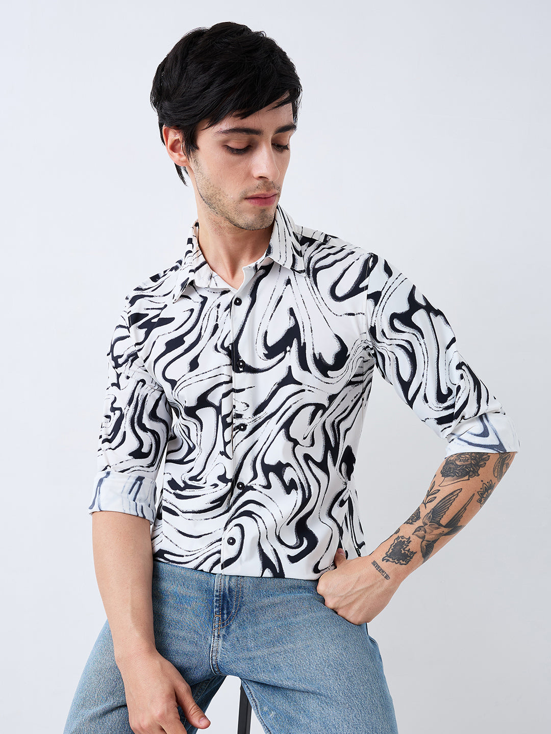 Spykar White Slim Fit Printed Full Sleeve Shirt For Men