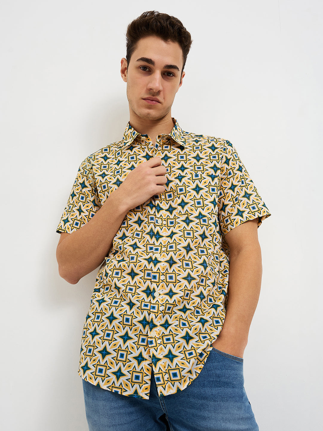 Men Shirt Print Yellow Slim Fit