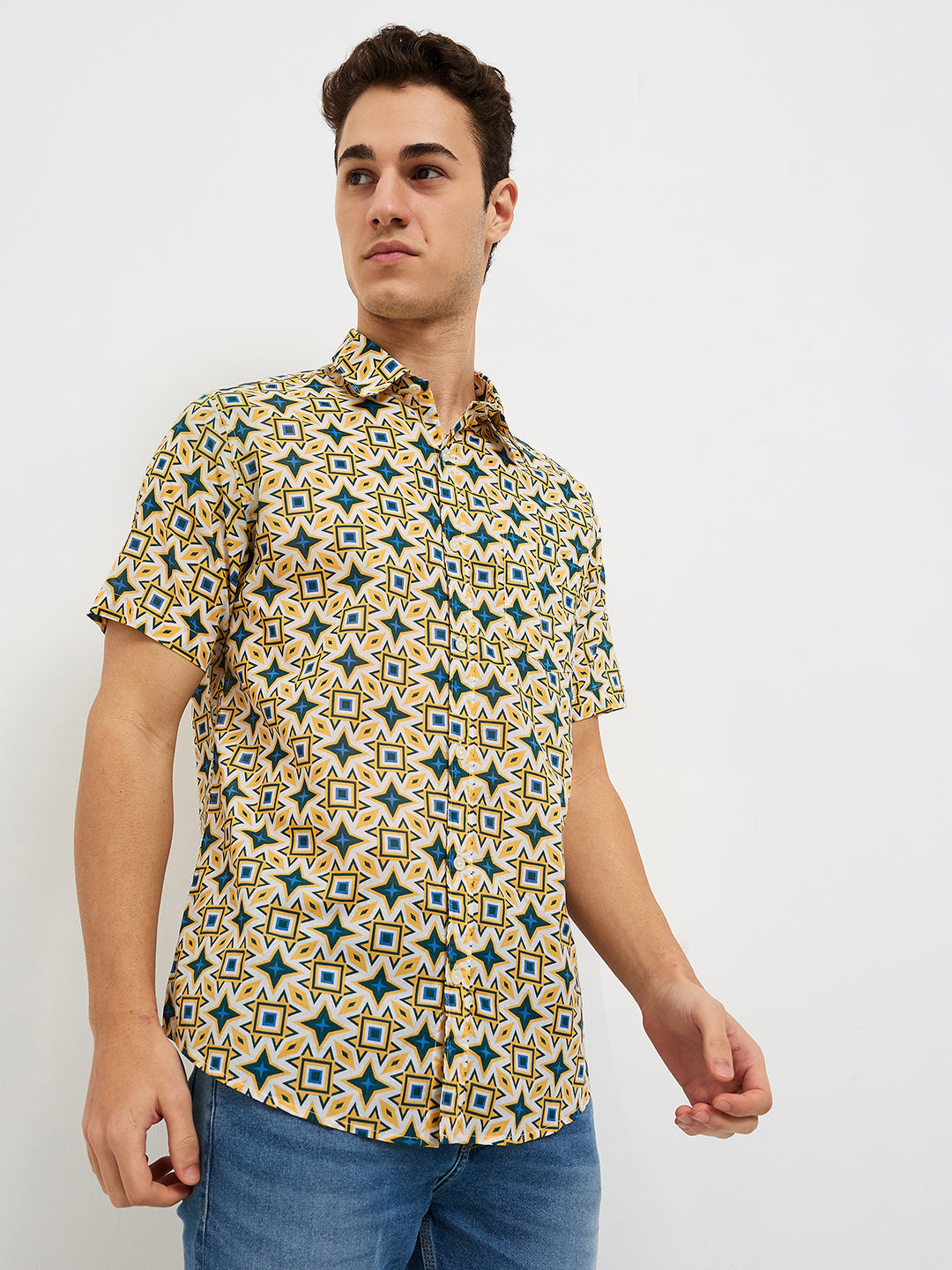 Men Shirt Print Yellow Slim Fit