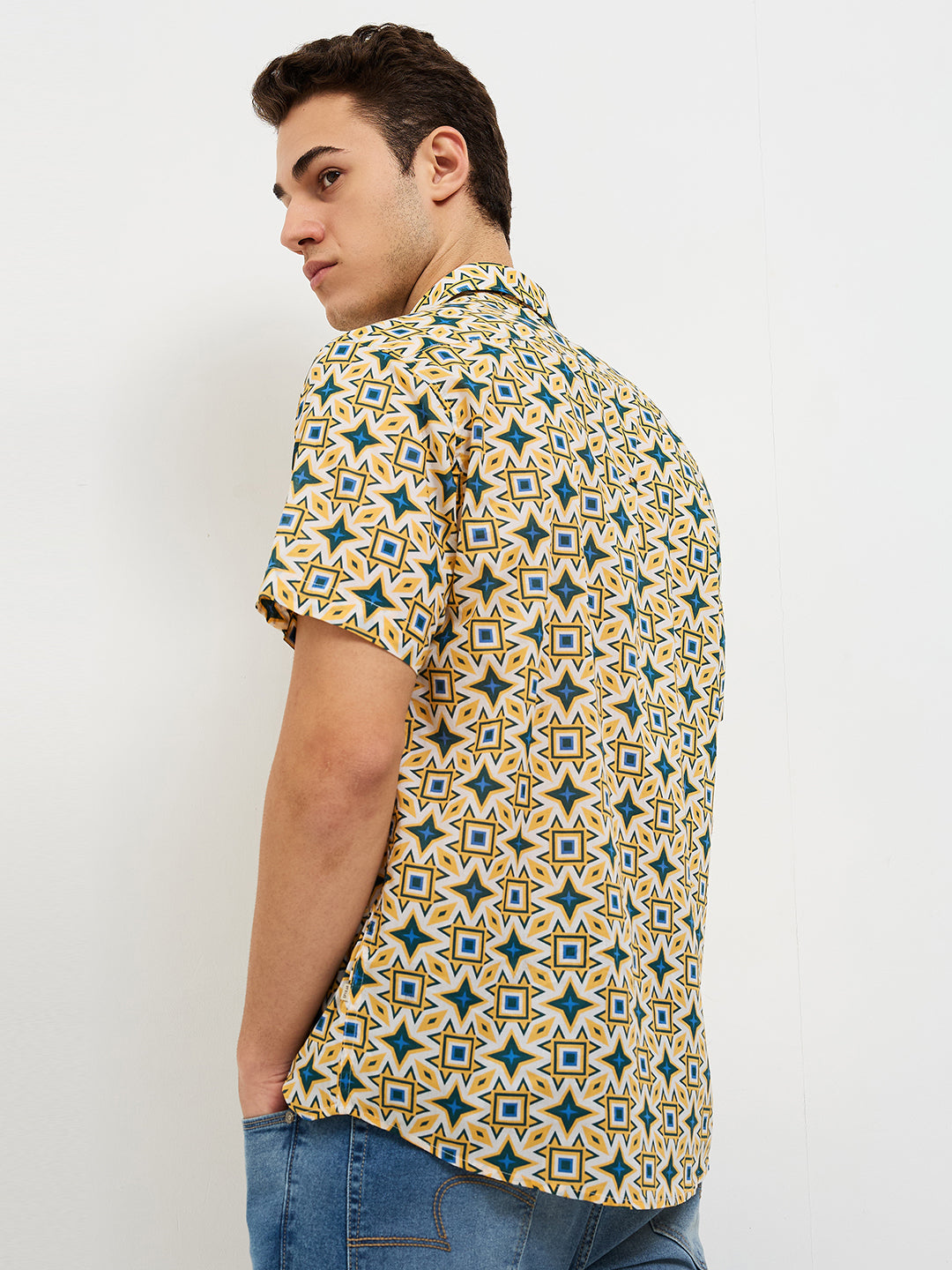 Men Shirt Print Yellow Slim Fit