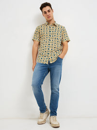 Men Shirt Print Yellow Slim Fit