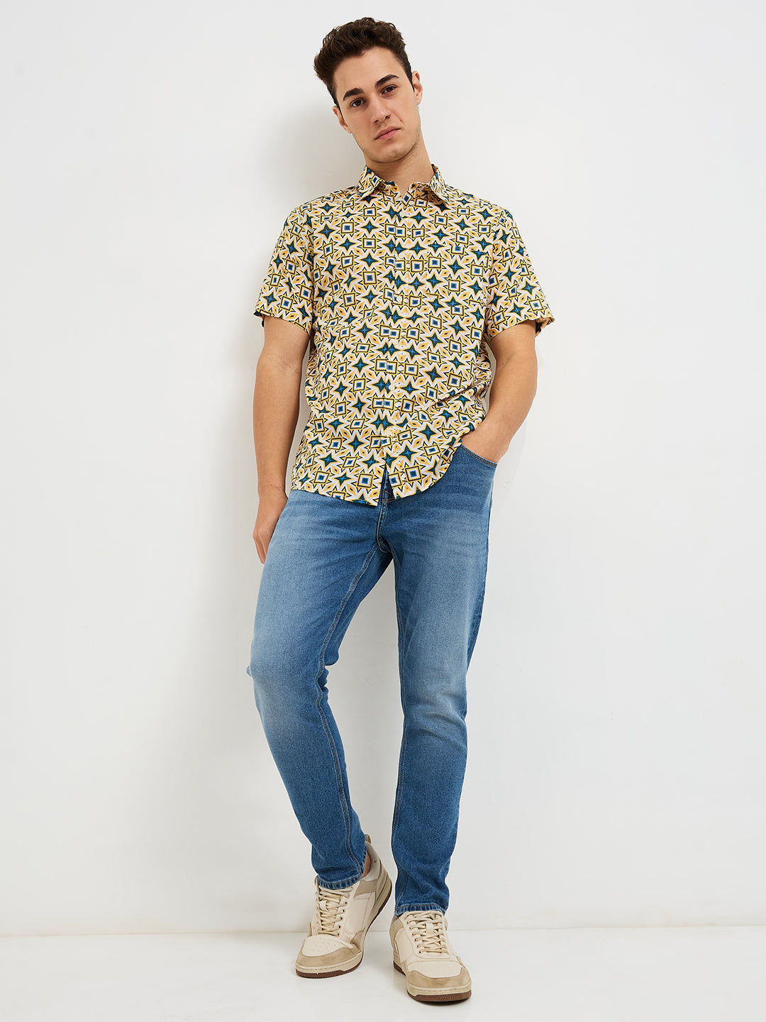 Men Shirt Print Yellow Slim Fit