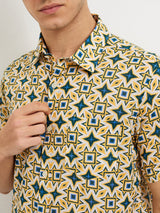 Men Shirt Print Yellow Slim Fit