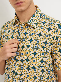 Men Shirt Print Yellow Slim Fit