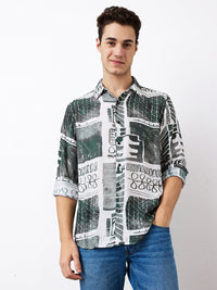 Men Shirt Print White Slim Fit