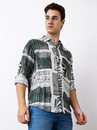 Men Shirt Print White Slim Fit