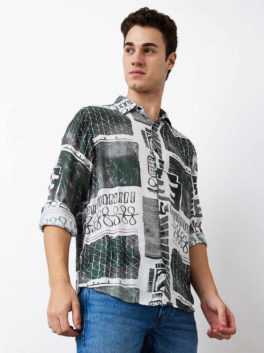 Men Shirt Print White Slim Fit