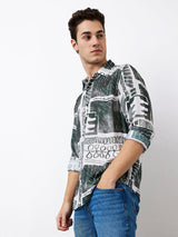 Men Shirt Print White Slim Fit