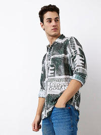 Men Shirt Print White Slim Fit