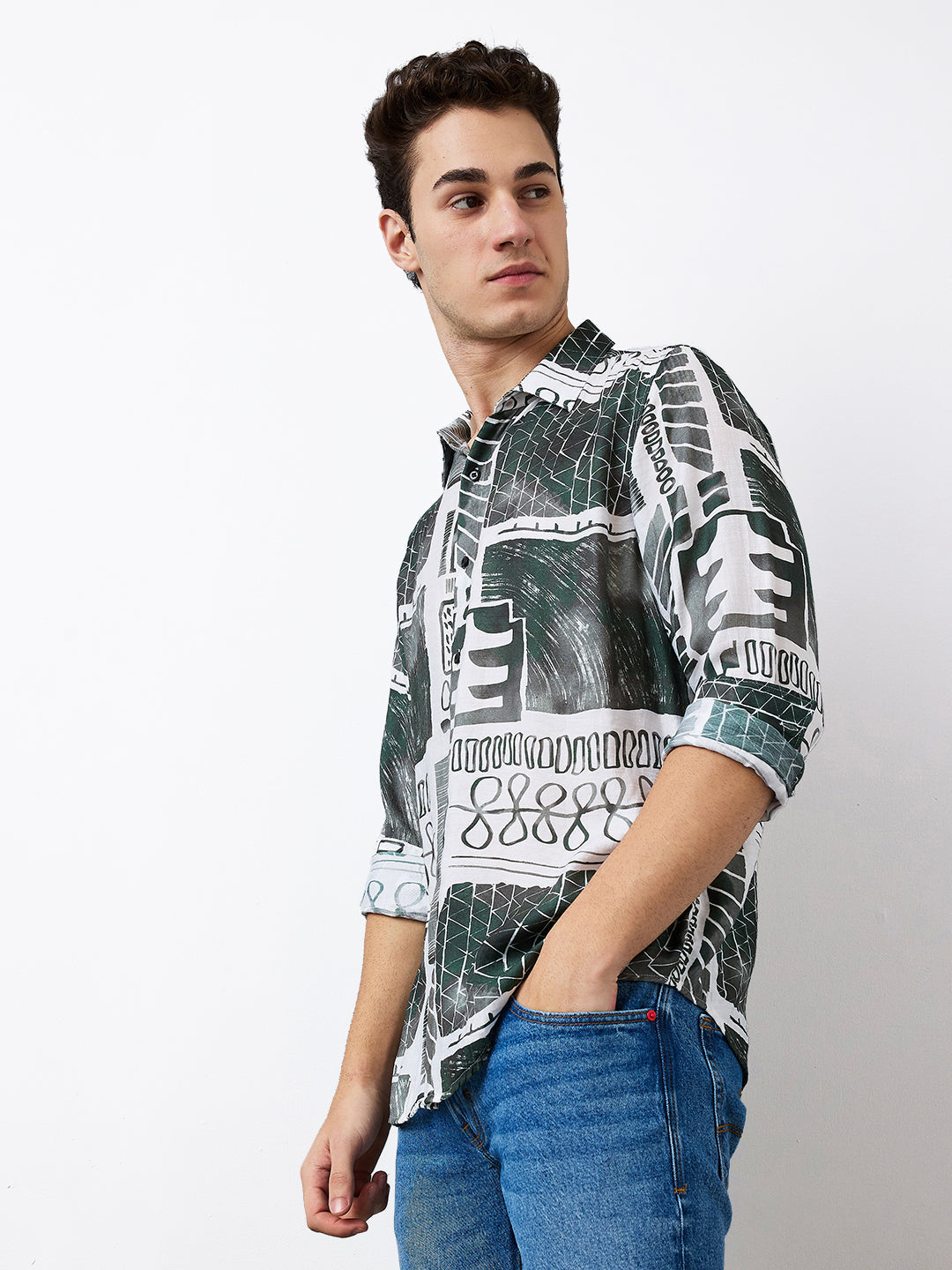 Men Shirt Print White Slim Fit