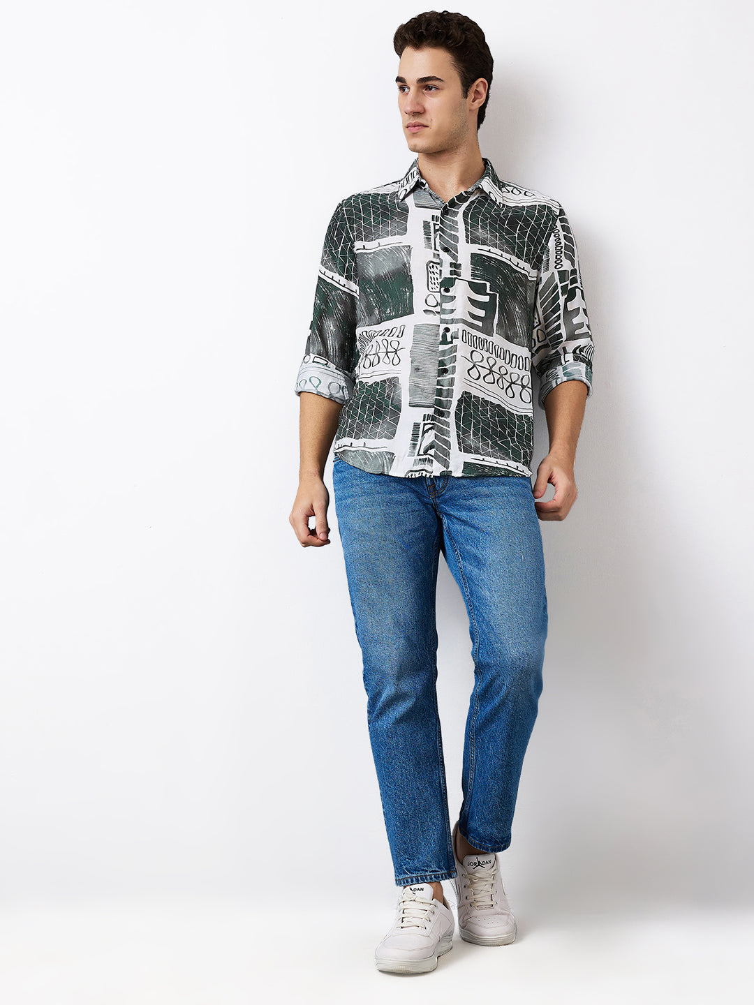 Men Shirt Print White Slim Fit