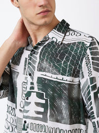 Men Shirt Print White Slim Fit