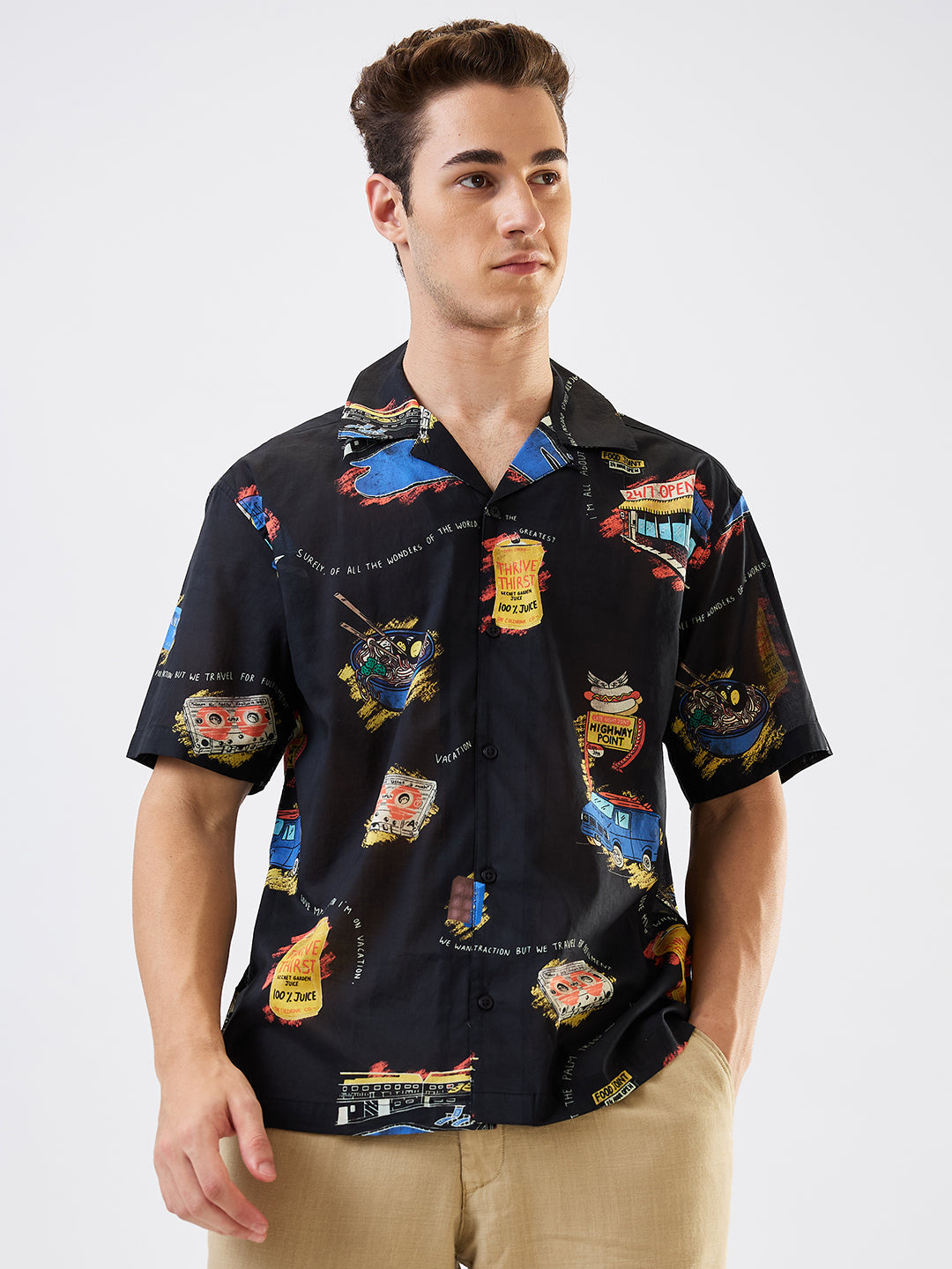 Spykar Black Relaxed Fit Printed Half Sleeve Shirt For Men