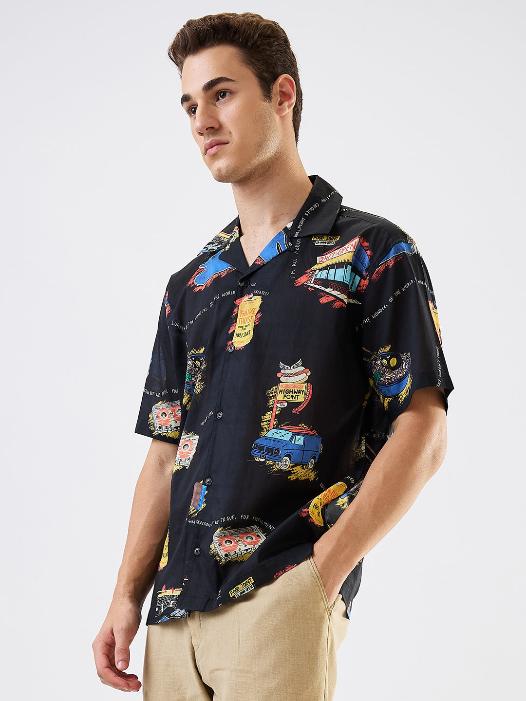 Spykar Black Relaxed Fit Printed Half Sleeve Shirt For Men