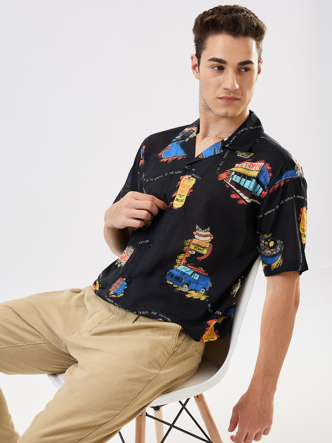 Spykar Black Relaxed Fit Printed Half Sleeve Shirt For Men