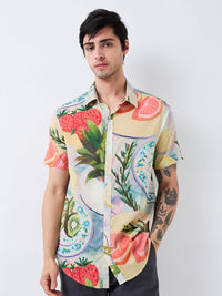 Men Shirt Print Blue Slim Fit