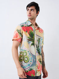 Men Shirt Print Blue Slim Fit
