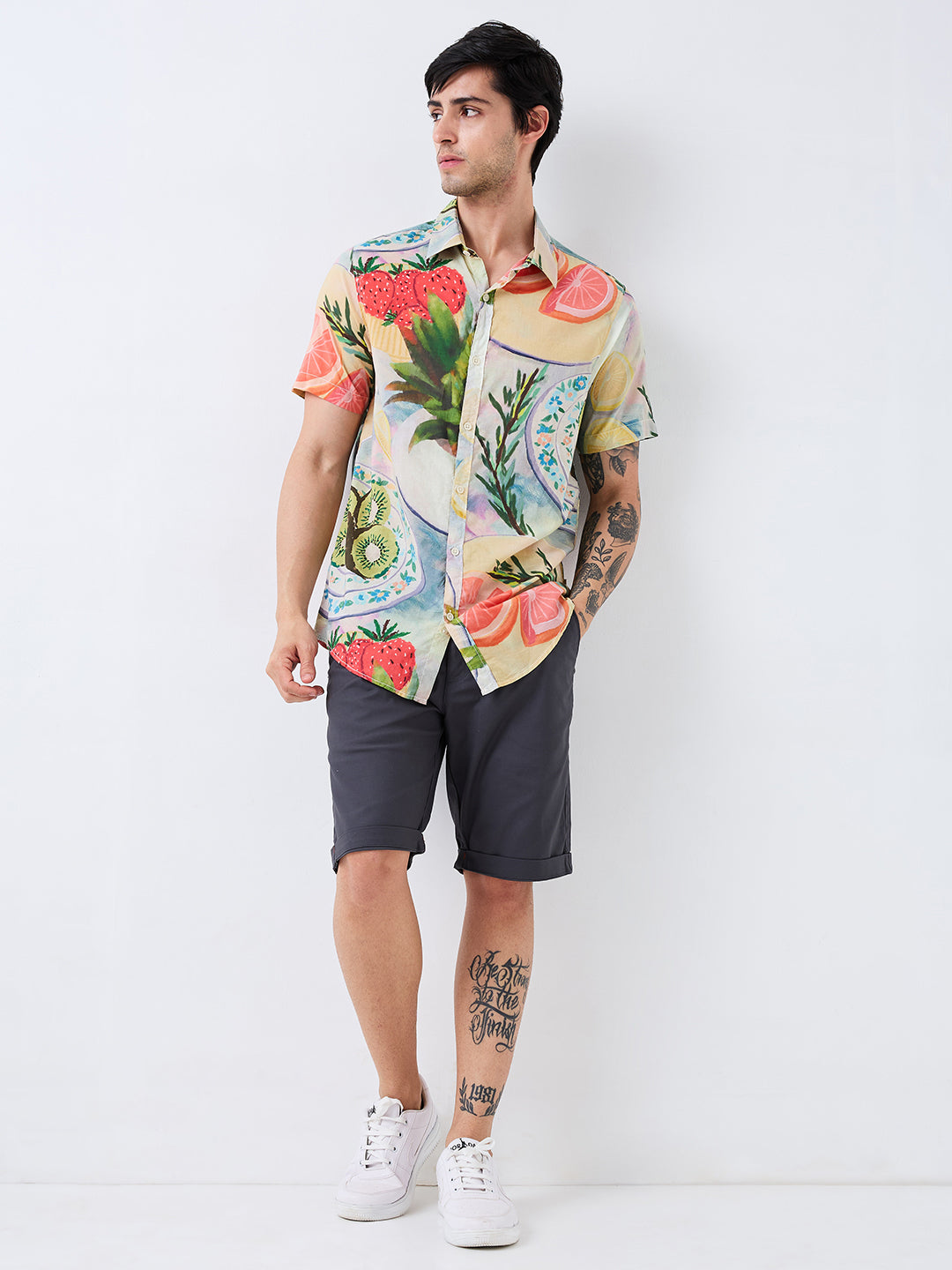 Men Shirt Print Blue Slim Fit