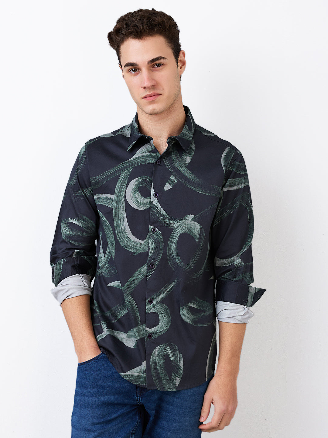 Spykar Black Slim Fit Printed Full Sleeve Shirt For Men