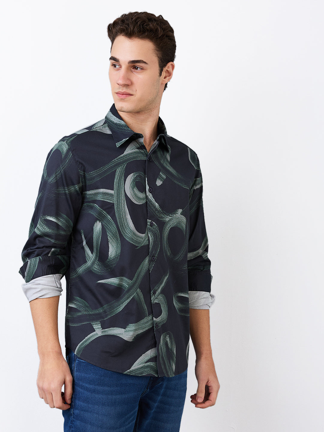 Men Shirt Print Black Slim Fit