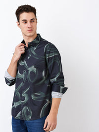 Men Shirt Print Black Slim Fit