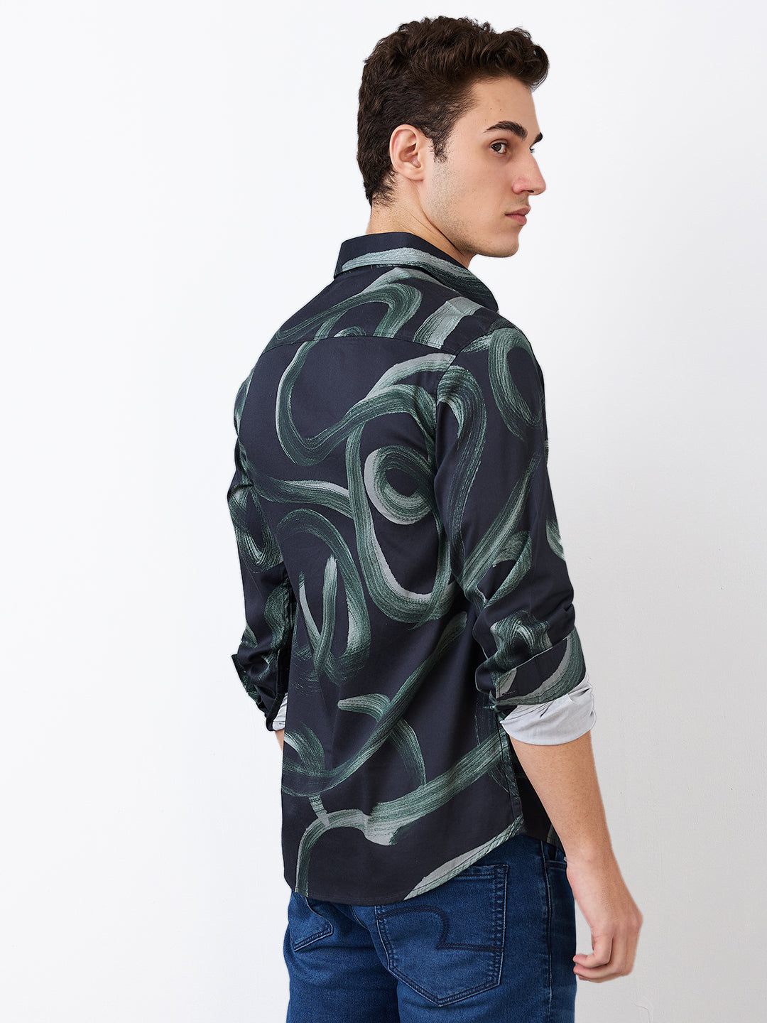 Men Shirt Print Black Slim Fit