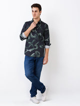 Men Shirt Print Black Slim Fit