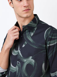 Men Shirt Print Black Slim Fit