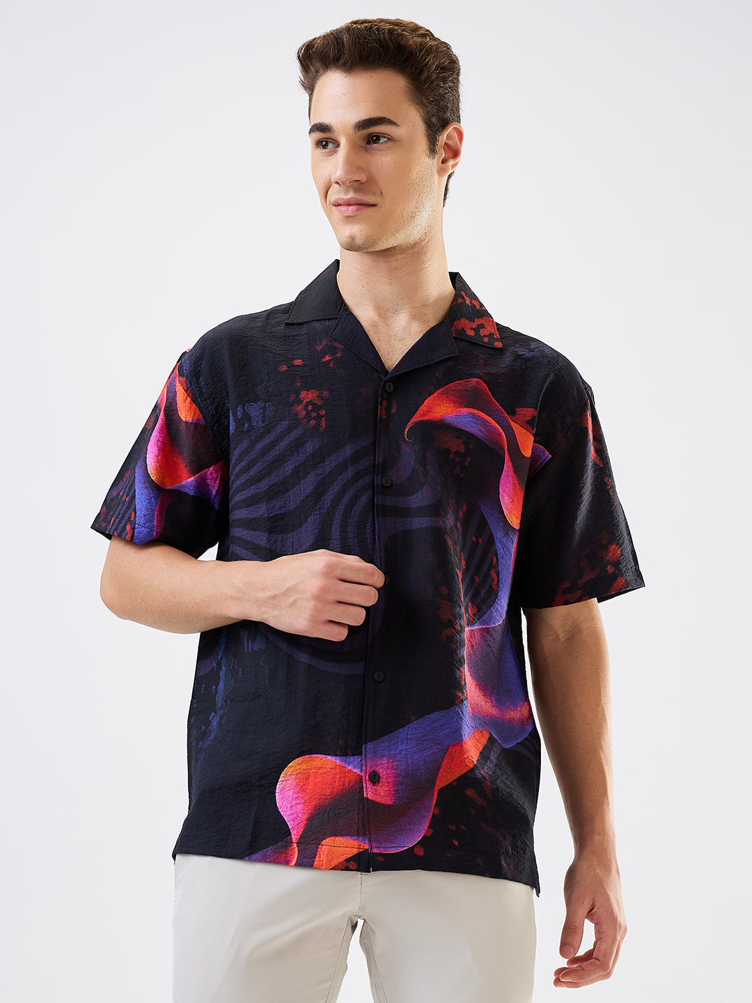 Spykar Black Relaxed Fit Printed Half Sleeve Shirt For Men