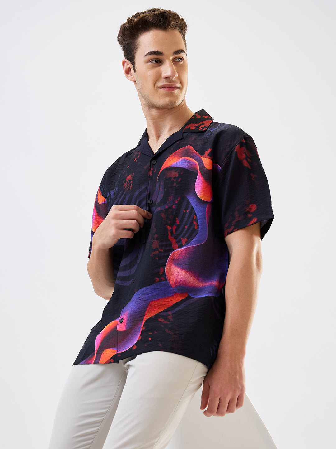 Spykar Black Relaxed Fit Printed Half Sleeve Shirt For Men