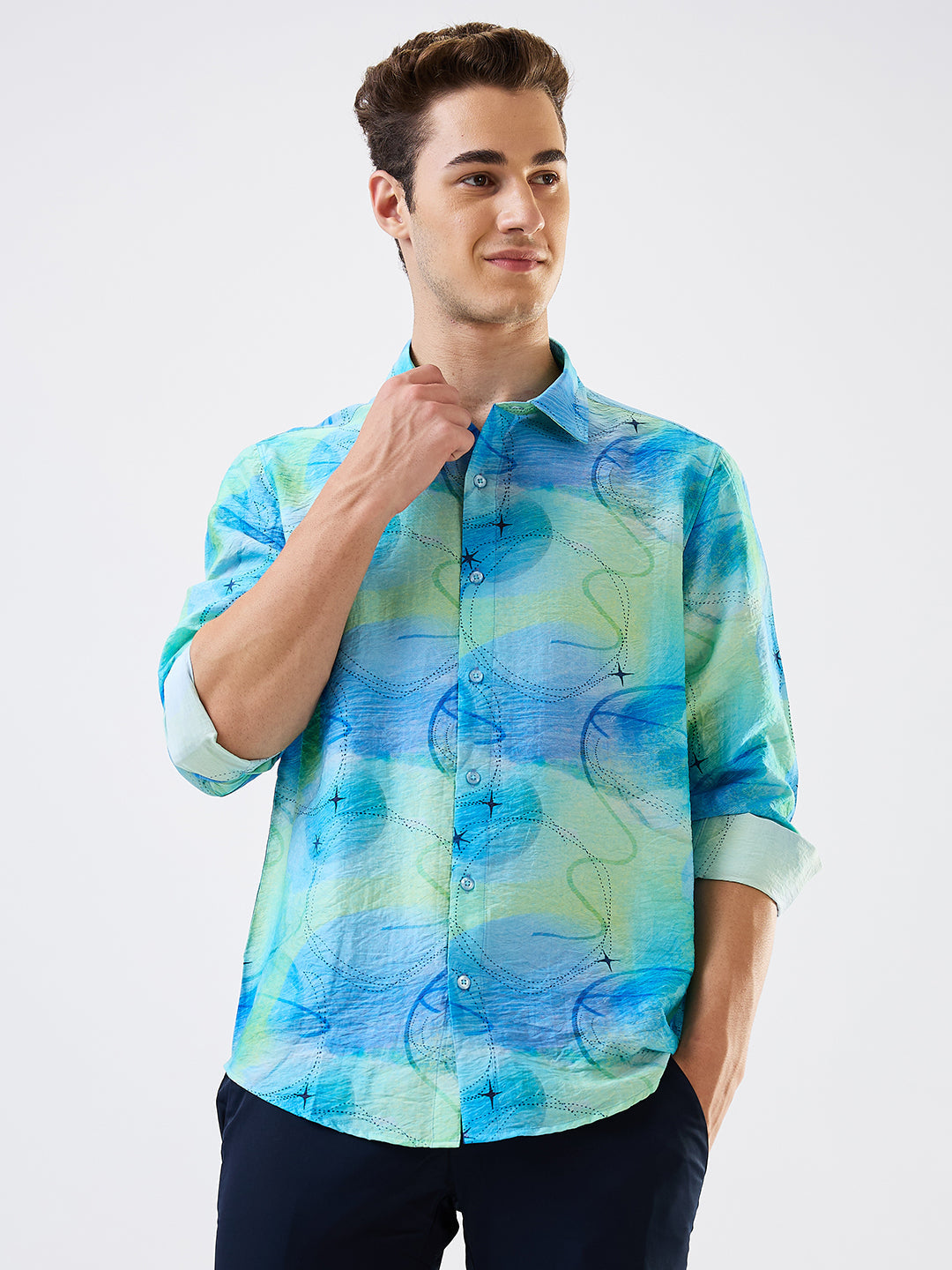 Spykar Blue Slim Fit Printed Full Sleeve Shirt For Men