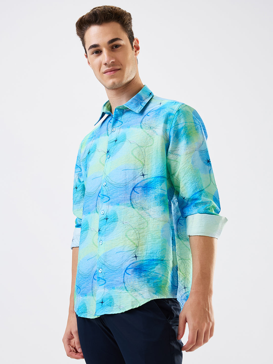 Spykar Blue Slim Fit Printed Full Sleeve Shirt For Men