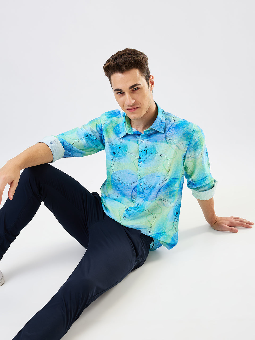 Spykar Blue Slim Fit Printed Full Sleeve Shirt For Men