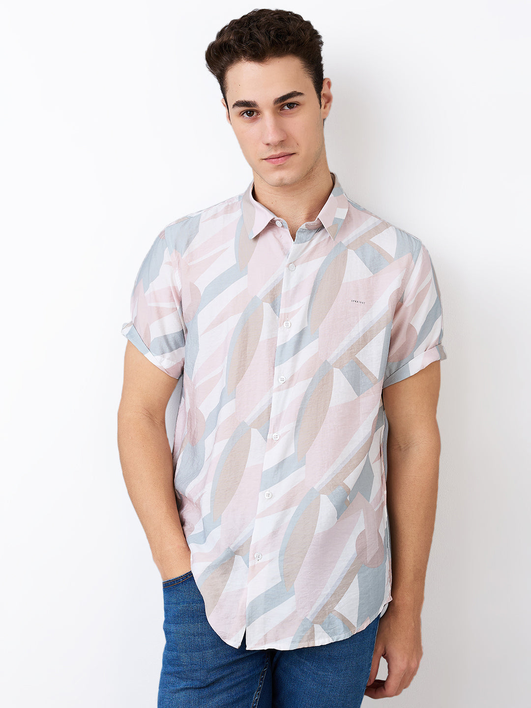 Men Shirt Print Pink Slim Fit