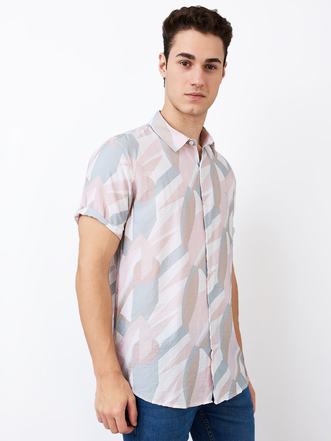 Men Shirt Print Pink Slim Fit