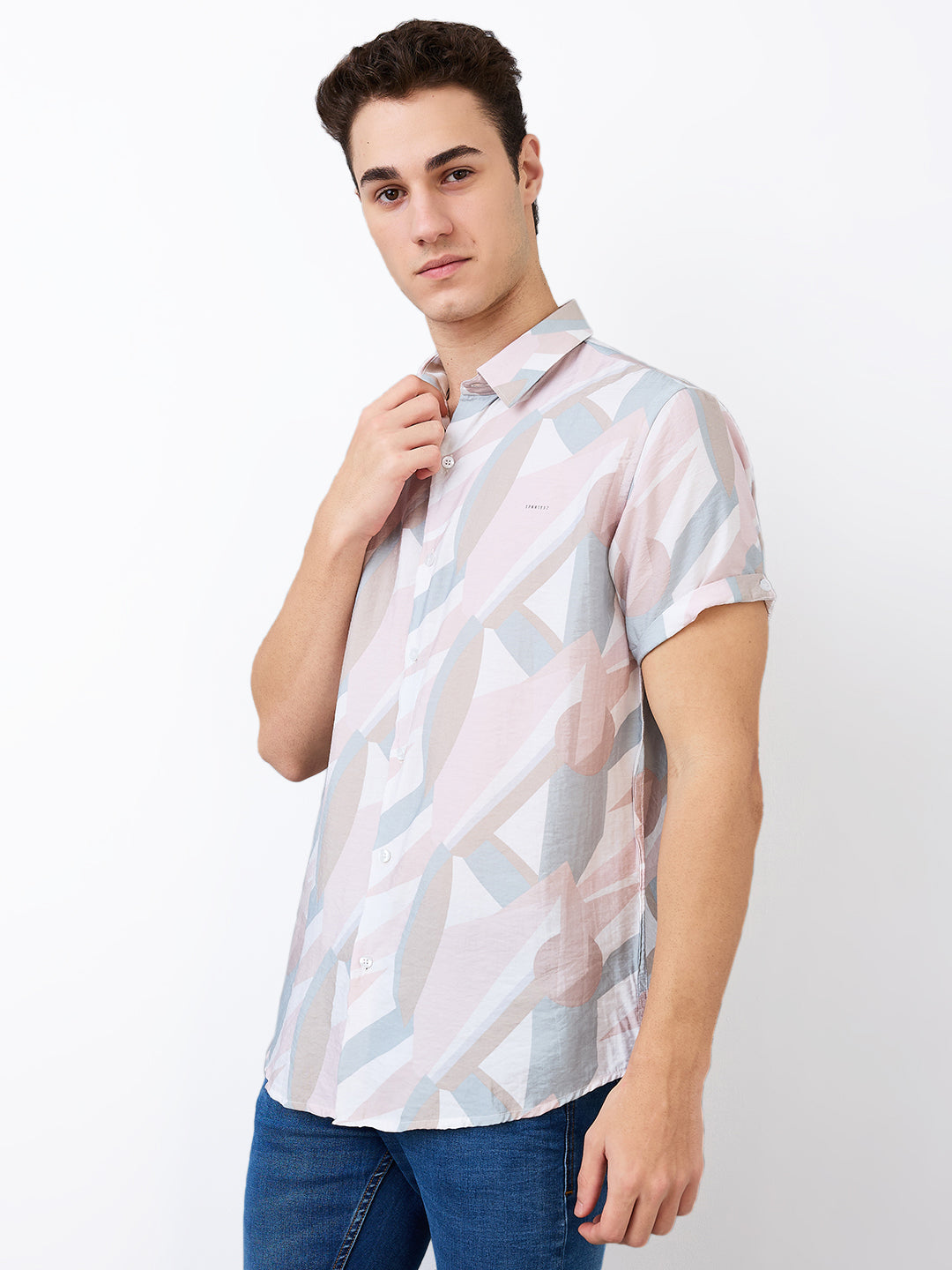 Spykar Pink Slim Fit Printed Half Sleeve Shirt For Men