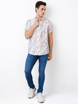 Men Shirt Print Pink Slim Fit